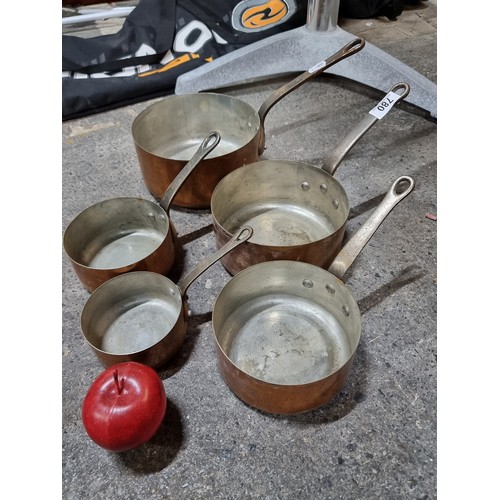 780 - A super set of five antique copper pans with handles. In graduating sizes.