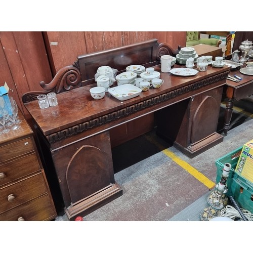 807 - Star lot : A magnificent 1830s mahogany butler's sideboard. An unusual example with relief, gothic s... 