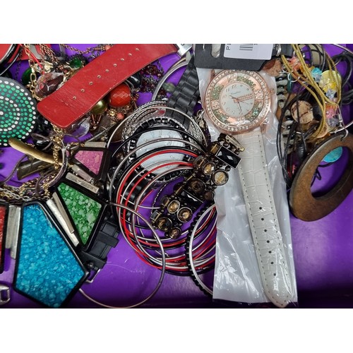 266 - A selection of costume jewellery including various beaded necklaces, earrings, watches and bangles, ... 