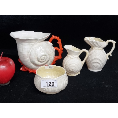 120 - Four beautiful ceramic ornamental pieces including three Belleek porcelain examples including two cr... 