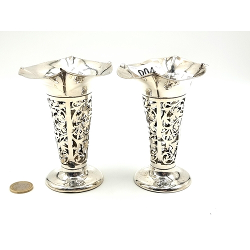 4 - A very attractive pair of antique scalloped rim sterling silver fluted posey vases. These examples a... 