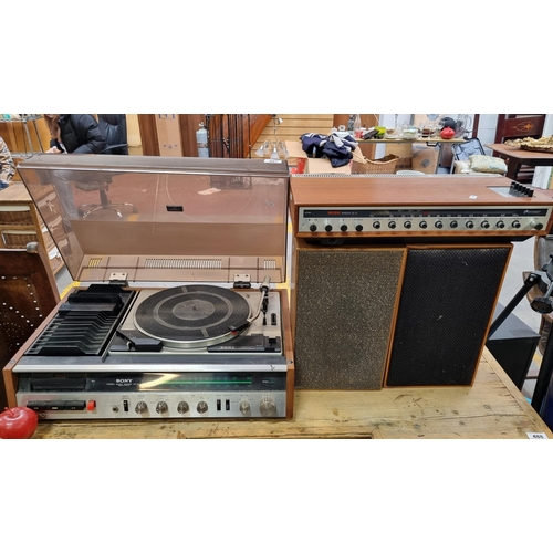 487 - A collection of retro stereo equipment including a Sony Automatic Stereo Music System turn table, mo... 