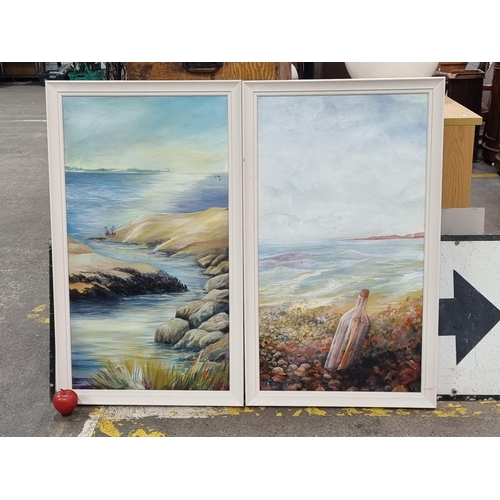 495 - A lovely pair of large original acrylic on canvas diptych paintings featuring seaside landscapes. Re... 