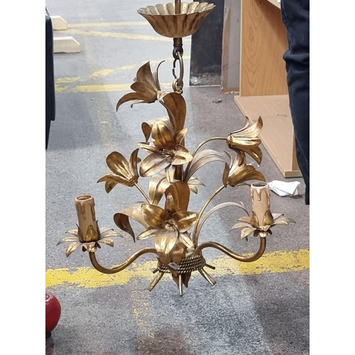 498 - An elegant gilded three branch chandelier in the form of a flower bouquet with matching gold chain a... 