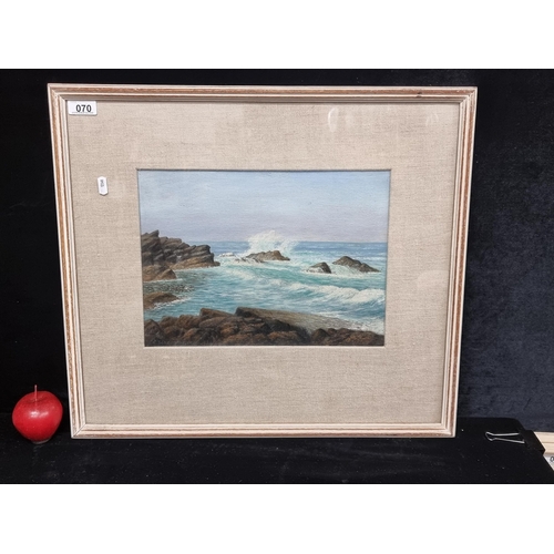 70 - An antique original oil on canvas board. An energetic piece featuring turquoise waves frothing and c... 