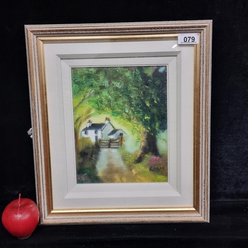 79 - A charming original oil on canvas board painting featuring a rural cottage by artist Laura Marshall ... 