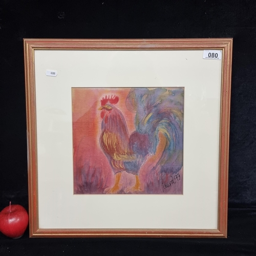 80 - An vibrant original silk print artwork featuring a study of a cockerel in bright magenta tones.  Lau... 