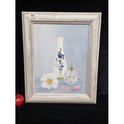 83 - A delightful acrylic on canvas board painting by Betty Walsh featuring a brightly lit still life of ... 