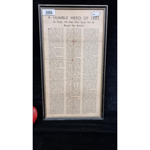 86 - A vintage framed newspaper cutting reading 