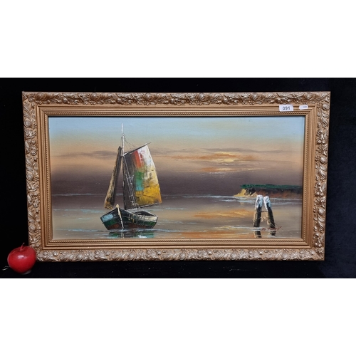 91 - A charming original oil on canvas board painting showing a sail boat moored at a still shore, Lit in... 