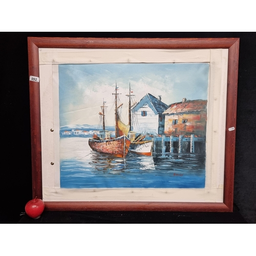 92 - A lovely original oil on canvas painting showing sail boats moored at a still shore, on a bright cle... 
