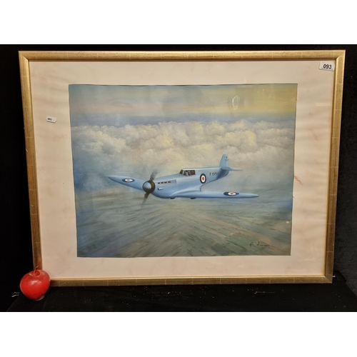 93 - An original vintage  oil on canvas painting showing a spitfire in flight, signed indistinctly bottom... 