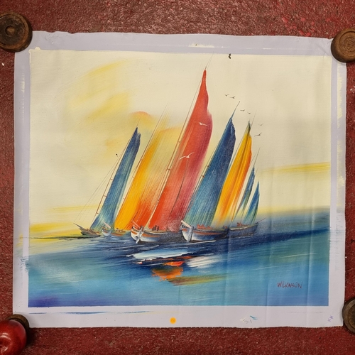 95 - An original oil painting on canvas featuring sail boats with brightly coloured sails, racing on a st... 
