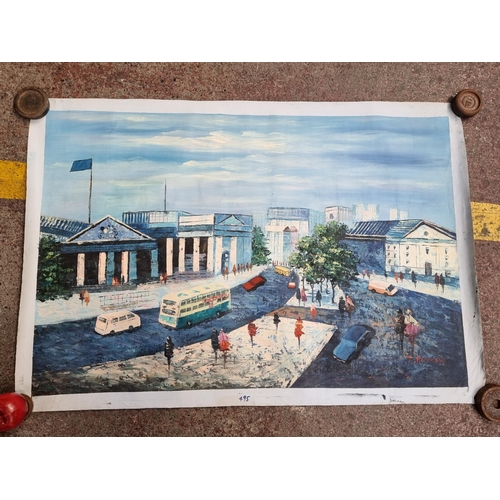 96 - A vintage oil on canvas painting featuring a view of Dublin's College Green, rendered in cool tones ... 