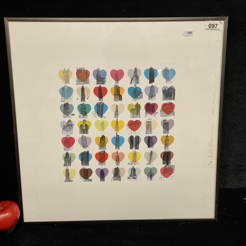 97 - A framed print showing architectural landmarks with coloured love hearts.