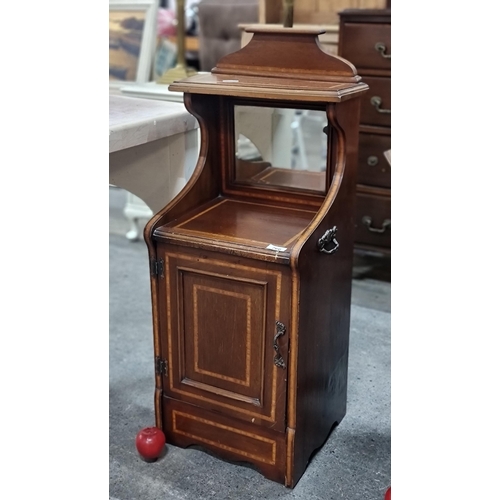 766 - A neatly proportioned antique Edwardian side table with cupboard to base, beautiful string inlay, re... 