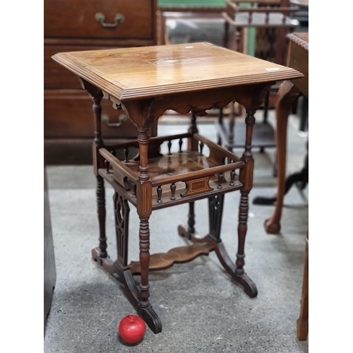 767 - A truly endearing Edwardian side table with beautiful marquetry and string inlay, turned wood suppor... 