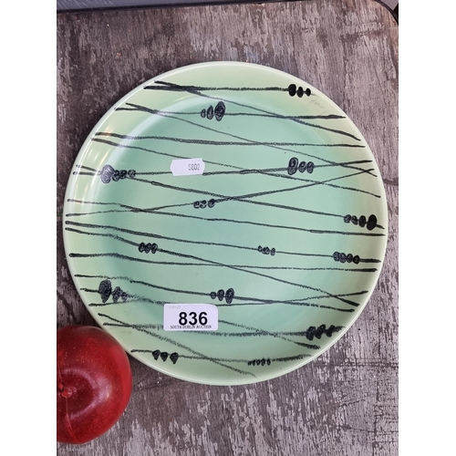 836 - A gorgeous John Ffrench Arklow Studio Pottery plate with a linear motif in a duck egg blue glaze, si... 