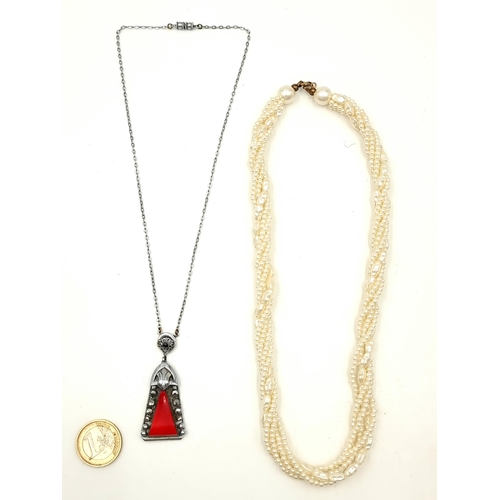 839 - Two lovely pieces of costume jewellery including faux pearl necklace and a charming pendant with red... 