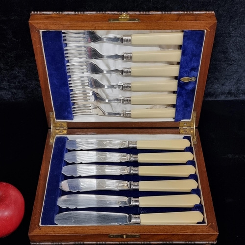 102 - A handsome complete twelve piece set of cake knives and forks, with silver plated tops and bone hand... 