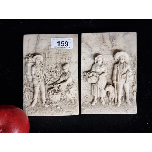 159 - Two relief wall plaques, featuring vineyard workers and a shepherd and shepherdess. Both with hooks ... 