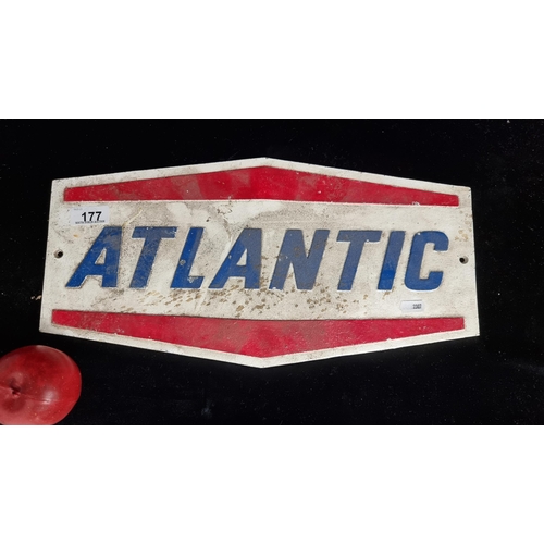 177 - A cast metal wall plaque for ATLANTIC oil. With red border detail and a blue font.