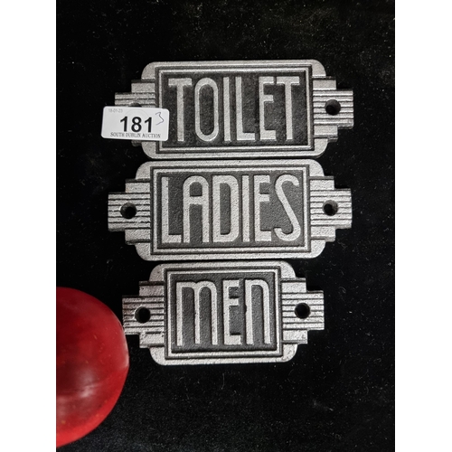 181 - Three cast metal, Art Deco style door signs. Reading ''Toilet'', ''Ladies'' and ''Men''