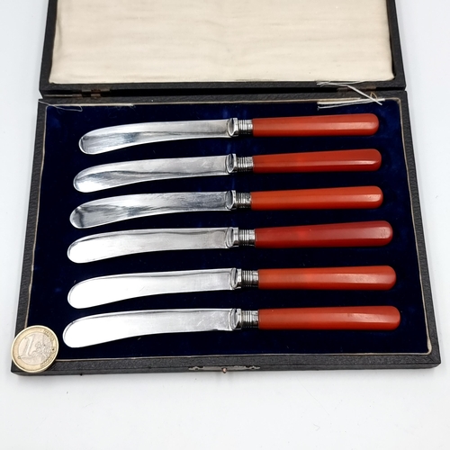 32 - A fine collection of six antique polished red agate butter knives with Sheffield silver collars. Dat... 
