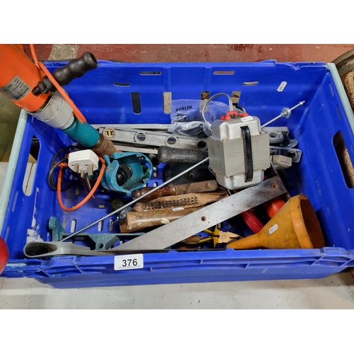 376 - A crate of high quality DIY tools and hardware. Including an Eclipse No. 66 hand saw, a Voltam ATPR5... 