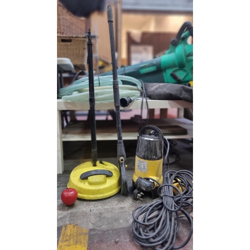 381 - Three pond care tools including a submersible pump (DMV-DWP), and two Slider branded power washer at... 