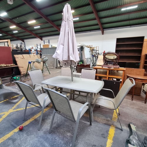 383 - Star lot : A complete garden patio seat including glass top table, six chairs with rattan style seat... 