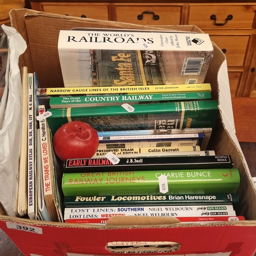 392 - A box containing approx 30 books of railway interest as well as Irish railway ephemera such as post ... 