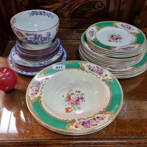 411 - Thirty three pieces of dinnerware china including bowls, antique plates and saucers by Mason's in th... 