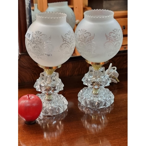 416 - A pair of stylish glass table lamps with round frosted shades featuring a floral pattern and bases w... 