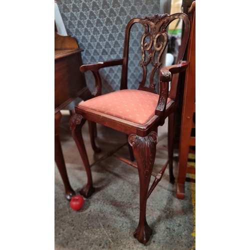 419 - An exquisite antique, mahogany children's tall chair with curvilinear splatback, foliate carving in ... 