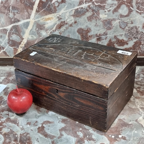 465 - A handsome wooden Merchant Navy ditty box with a hand carved steam ship and the initials 