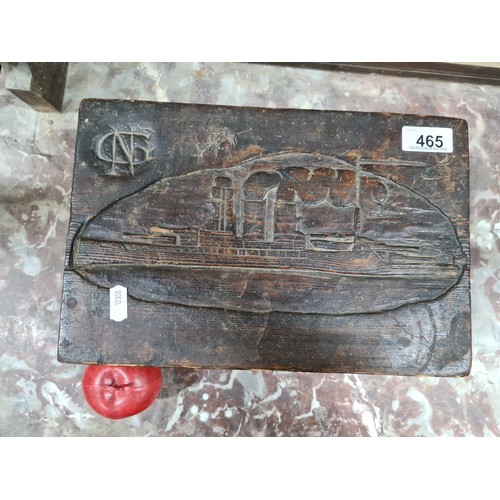 465 - A handsome wooden Merchant Navy ditty box with a hand carved steam ship and the initials 