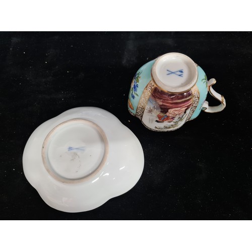 138 - An antique, beautiful Meissen porcelain cup and saucer set in the quatrefoil Helena Wolfsohn series.... 