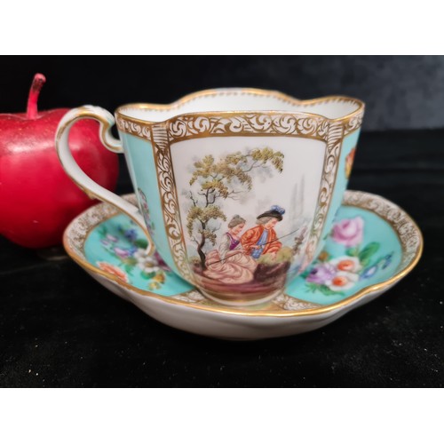 138 - An antique, beautiful Meissen porcelain cup and saucer set in the quatrefoil Helena Wolfsohn series.... 