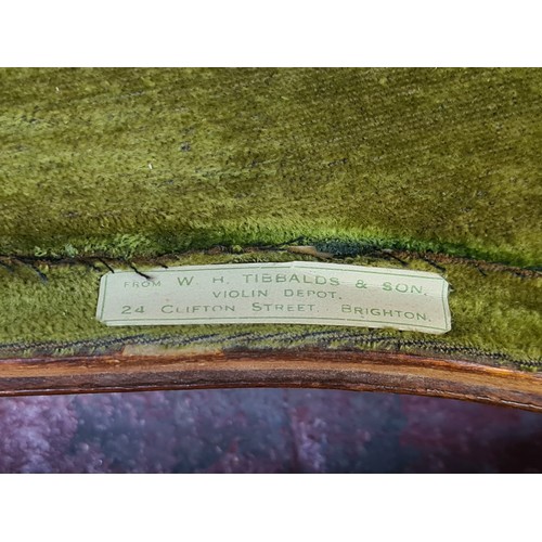 291 - A very handsome bentwood violin case. With olive green velvet lining. Containing a copper hunting ho... 