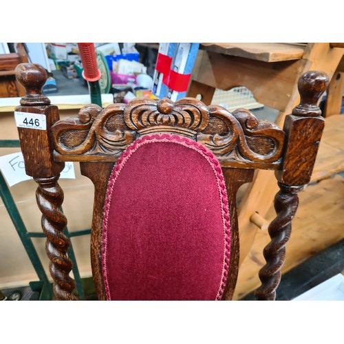 446 - A stunning pair of antique Jacobean style chairs. These gorgeous pieces boast exquisite barley twist... 