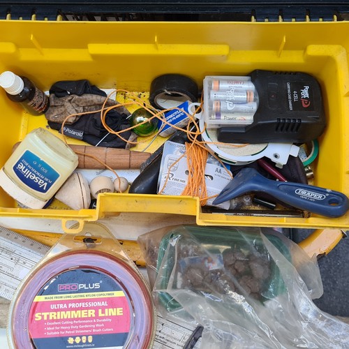 382 - A hinged tool box with a number of useful items. Including ProPlus strimmer line, battery charger et... 