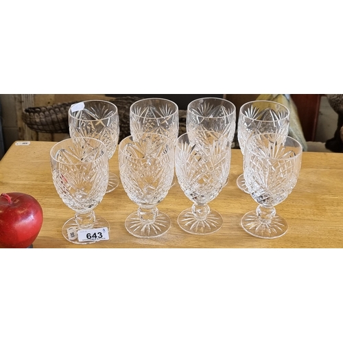 643 - A selection of eight Tyrone Crystal glasses. All feature lovely fan and hobnail cuts and retain acid... 