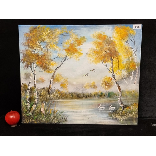 65 - A charming original acrylic on canvas painting by W. Couley featuring lakeside birds in a tranquil a... 