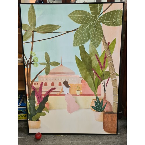 565 - A very large graphic print on canvas showng a tropical city scene with a woman gazing out of a balco... 