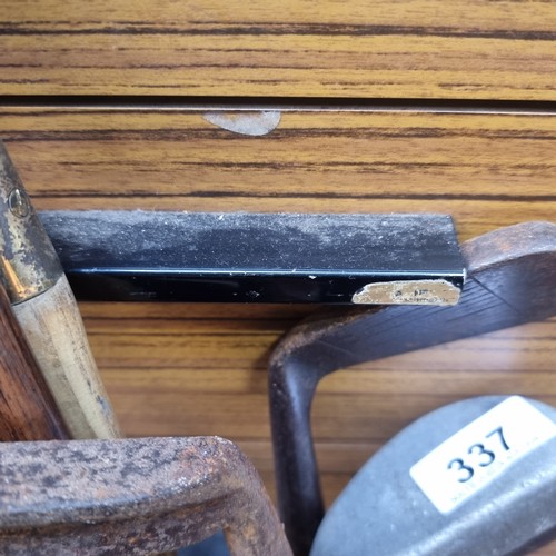 337 - Eleven antique hickory shafted golf clubs including irons, wedges and putters. Come with original pe... 
