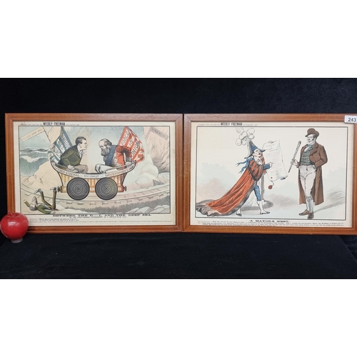 243 - Two brilliant framed antique satirical cartoon illustration supplements from the Weekly Freeman's jo... 