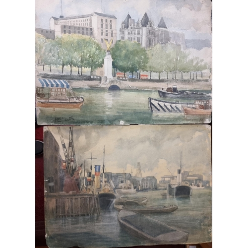 275 - Two sublime original watercolour sketch paintings circa 1940s, one depicting  depicting a port scene... 