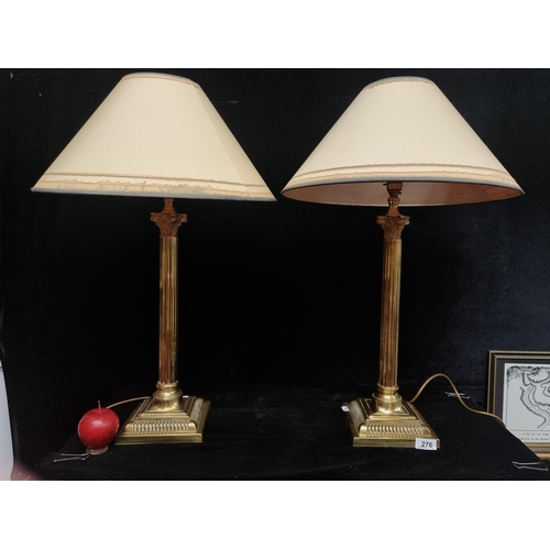 276 - A pair of handsome vintage brass column table lamps in the form of Corinthian Pillars. Stem height: ... 