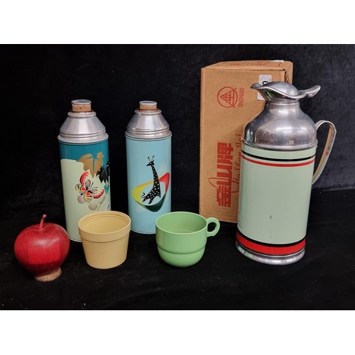 290 - Three fabulous vintage canteens, with two Thermos examples and one larger flask with a hinged lid. A... 